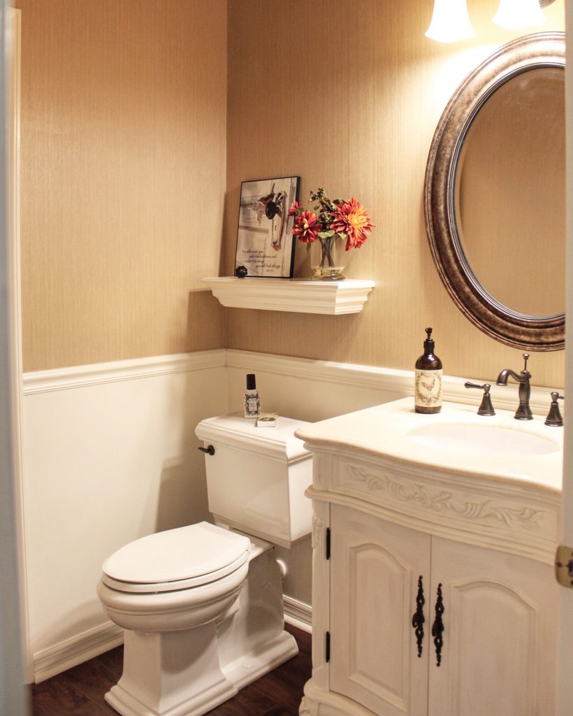 Bathroom vanity renovation with updated sink and trim details.