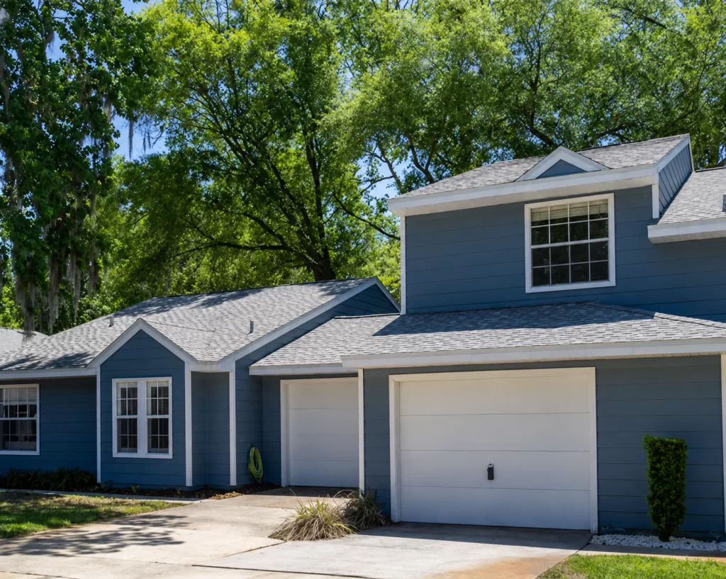 HOA exterior renovation with blue Hardie siding repaint.